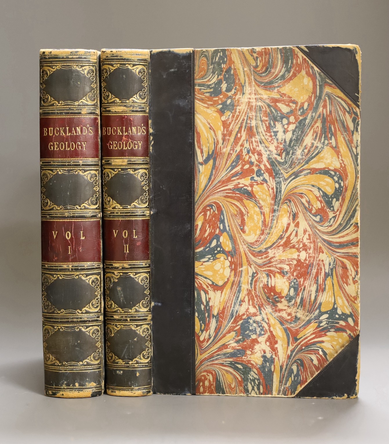 Buckland, William - Geology and Mineralogy Considered with Reference to Natural History, 2 vols, 8vo, half calf with marbled boards, with 87 plates, including one folding double-page hand coloured cross-section of the ea